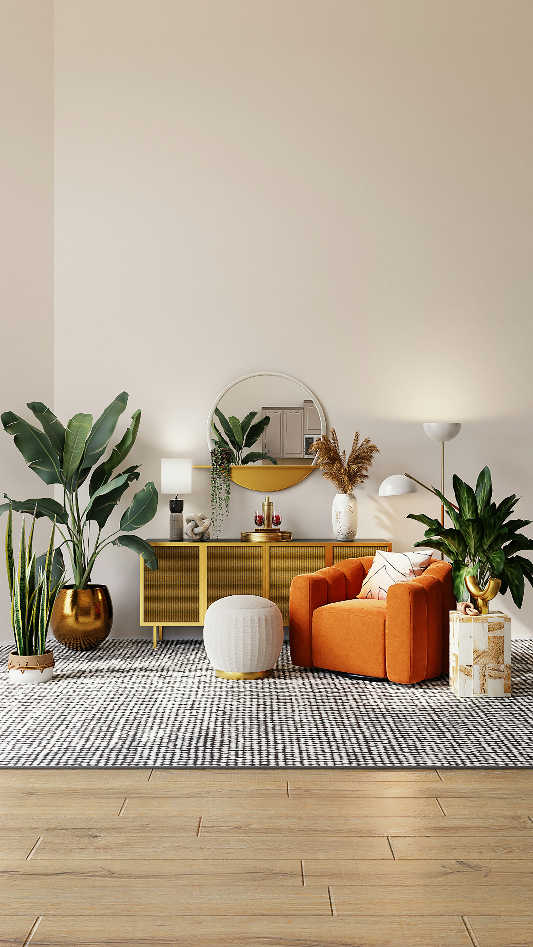 Warm, refined interior with patterned wallcovering and sculptural furniture